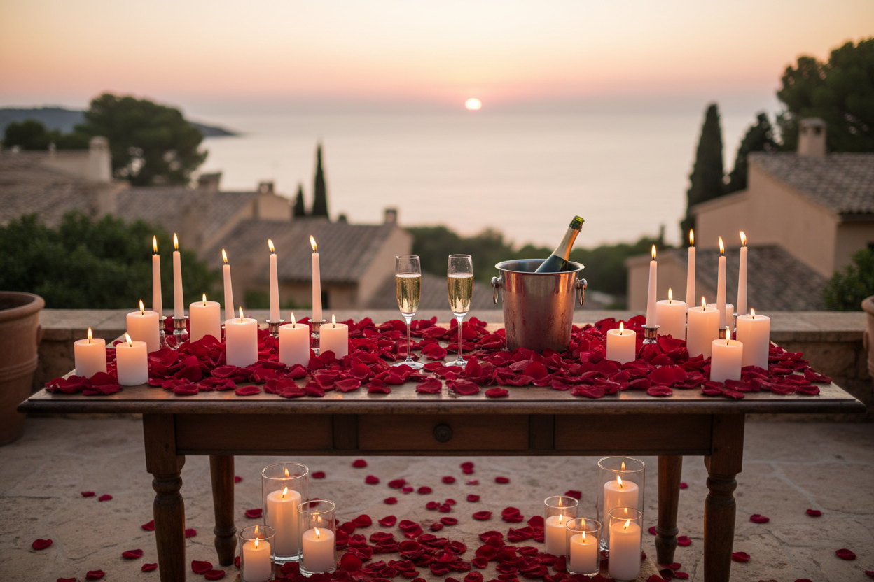 romatyczny czas we dwoje na majorce, płatki róż, świece, cava